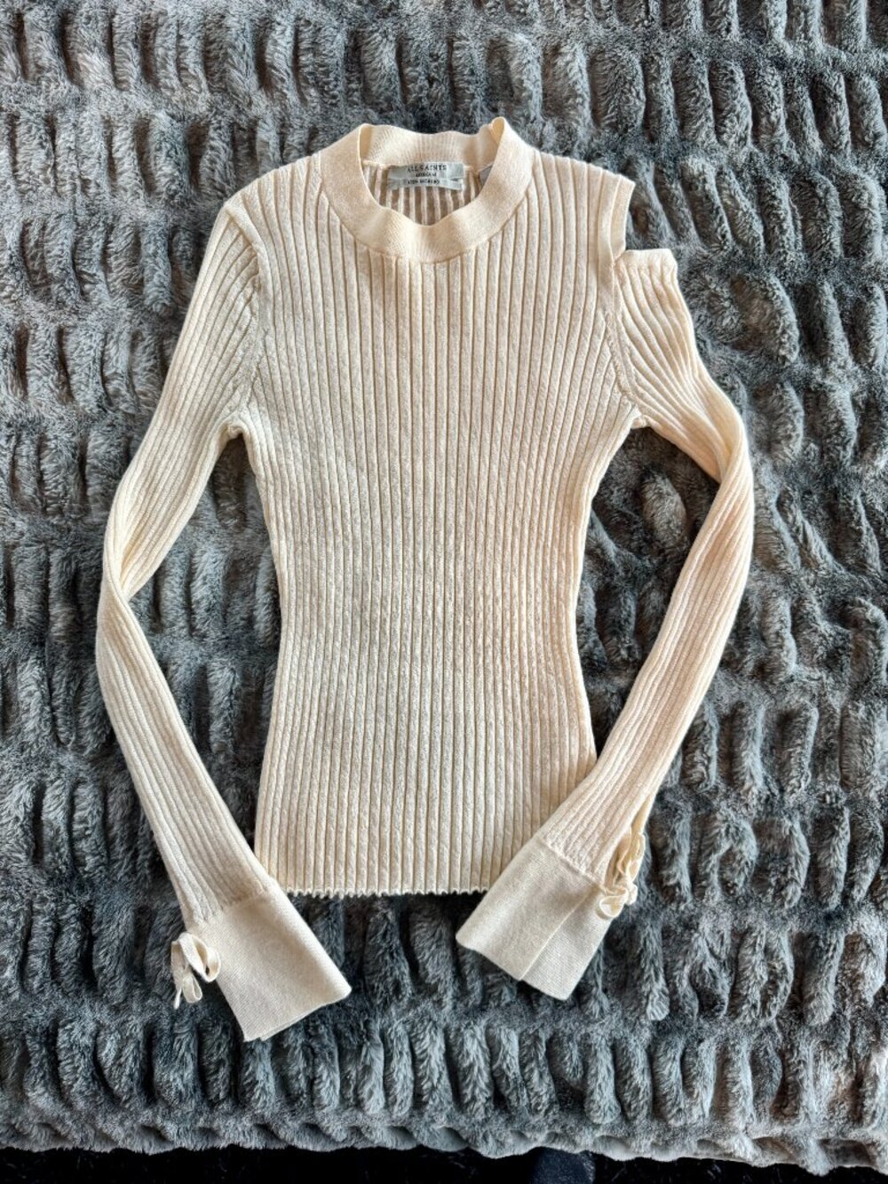 All Saints Ribbed Merino Wool Sweater Cream Tie Waist Size M